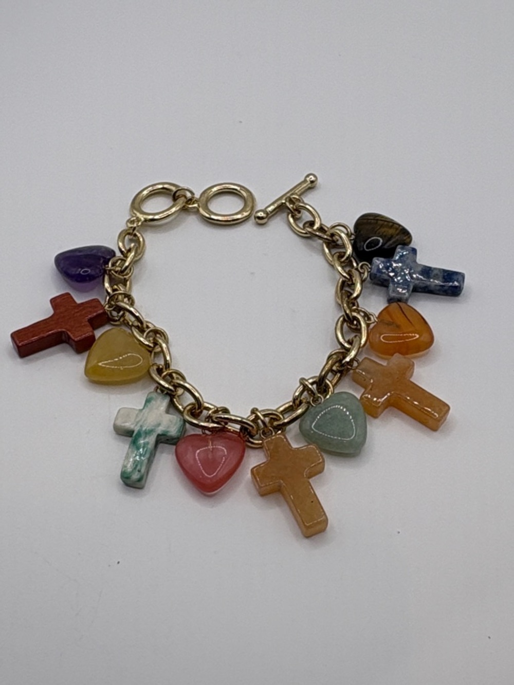 Palm Beach Boutique Multicolor GemStone Cross & Heart Charm Bracelet 7” & 8”